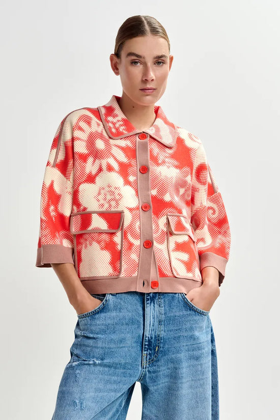 Essentiel Antwerp Orange and Off-White Floral-Print Knit Cardigan JOLY