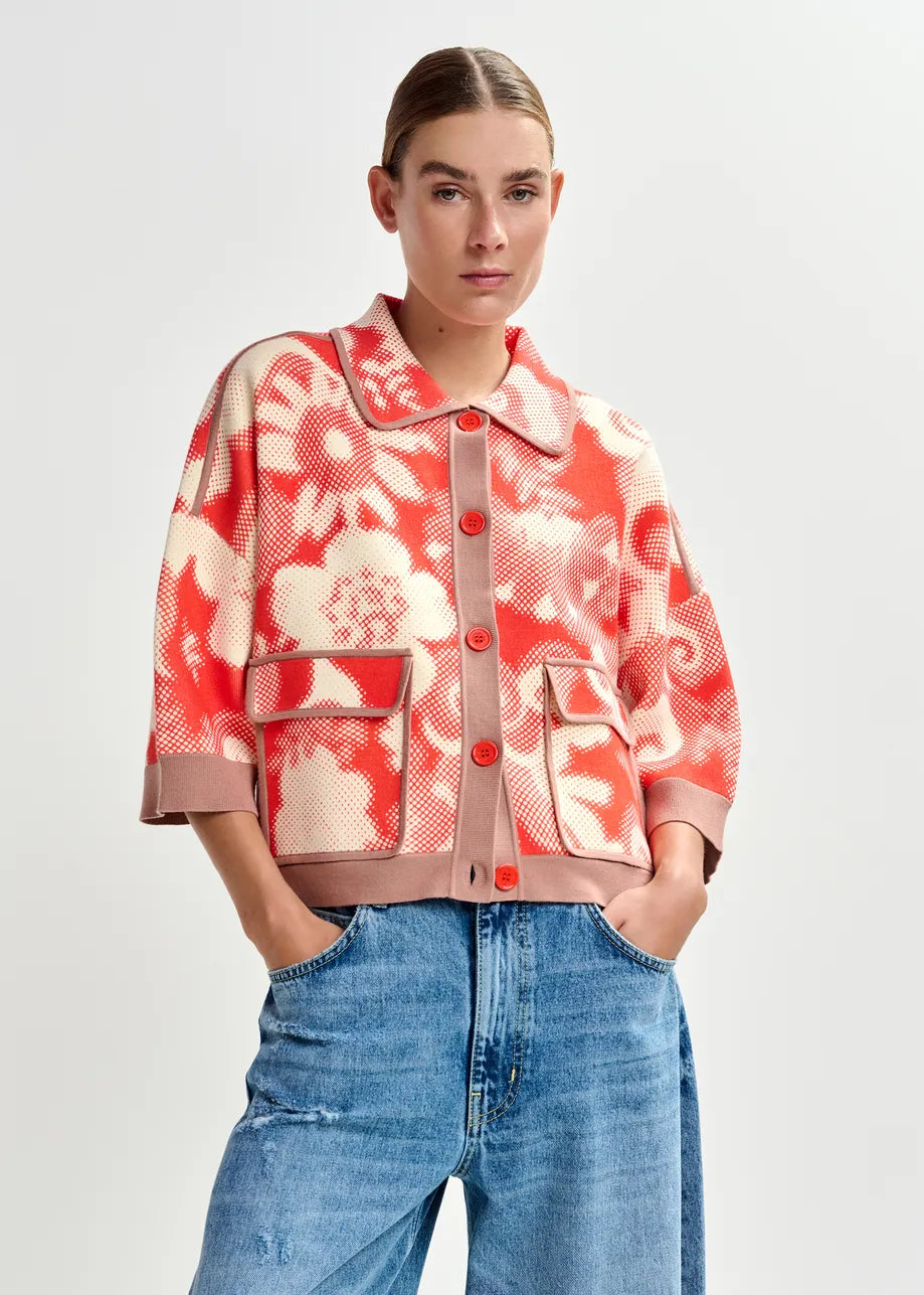 Essentiel Antwerp Orange and Off-White Floral-Print Knit Cardigan JOLY