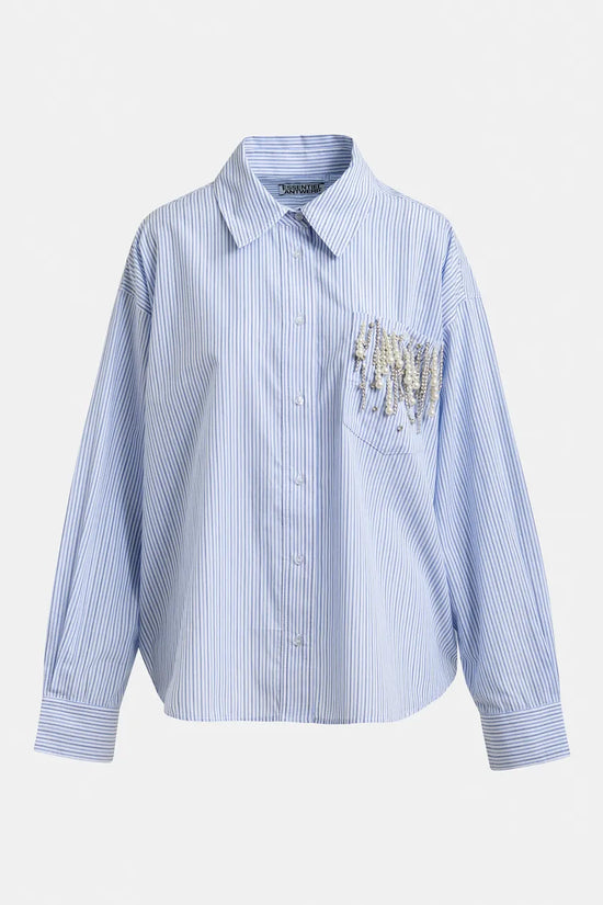 Essentiel Antwerp Blue Oversized Striped Embellished Cotton Shirt JOMMEKE