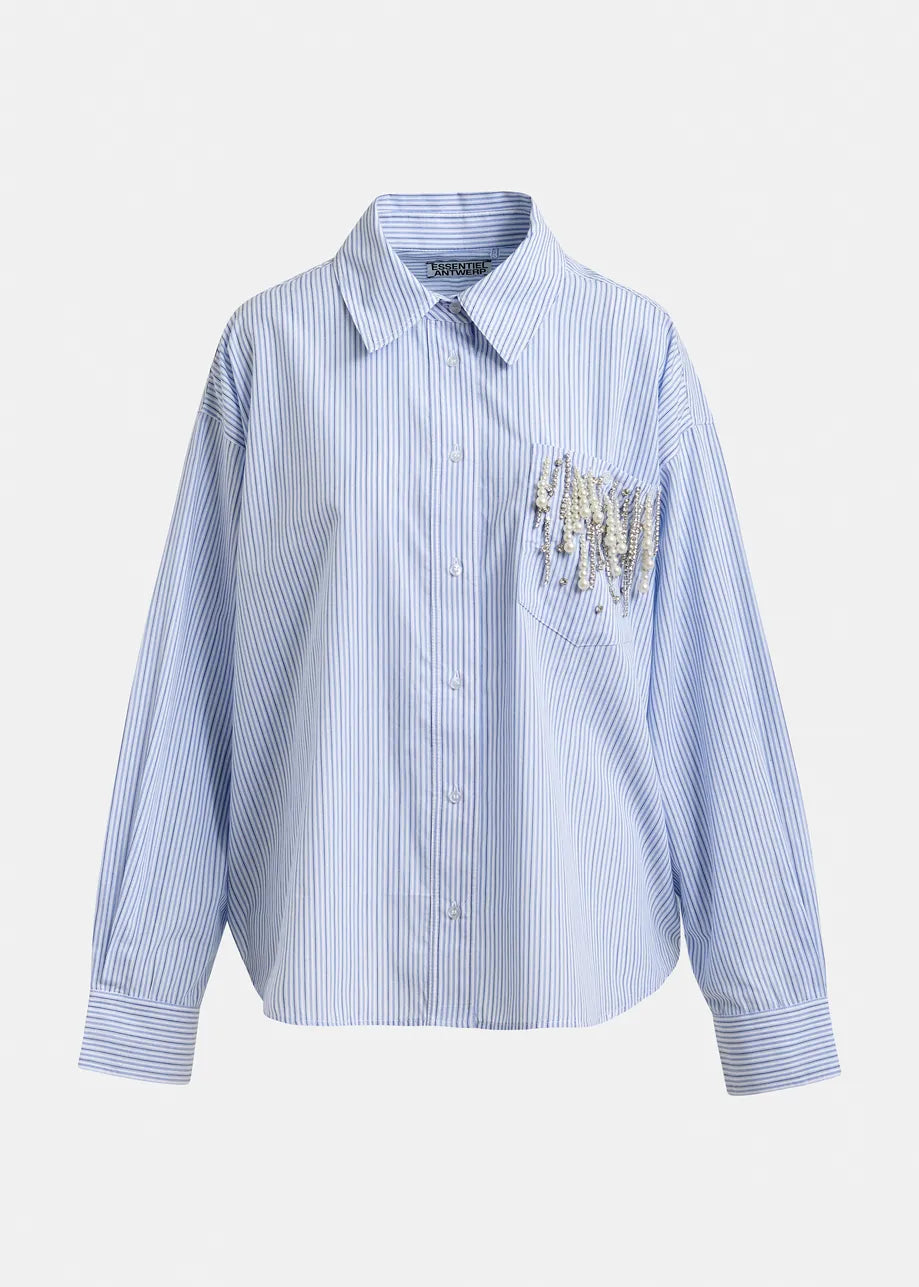 Essentiel Antwerp Blue Oversized Striped Embellished Cotton Shirt JOMMEKE