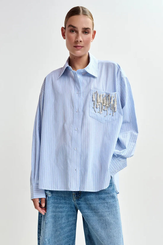 Essentiel Antwerp Blue Oversized Striped Embellished Cotton Shirt JOMMEKE
