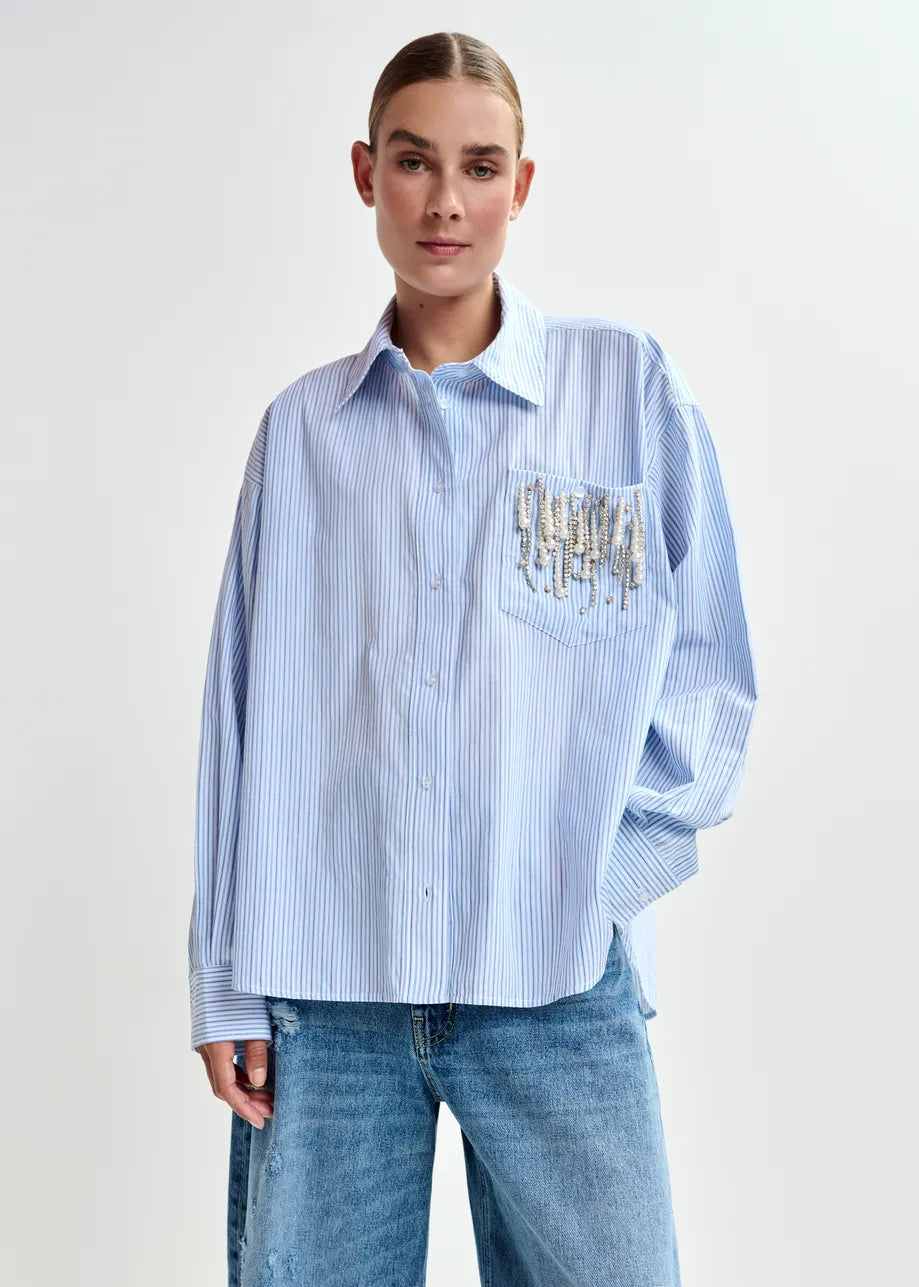 Essentiel Antwerp Blue Oversized Striped Embellished Cotton Shirt JOMMEKE