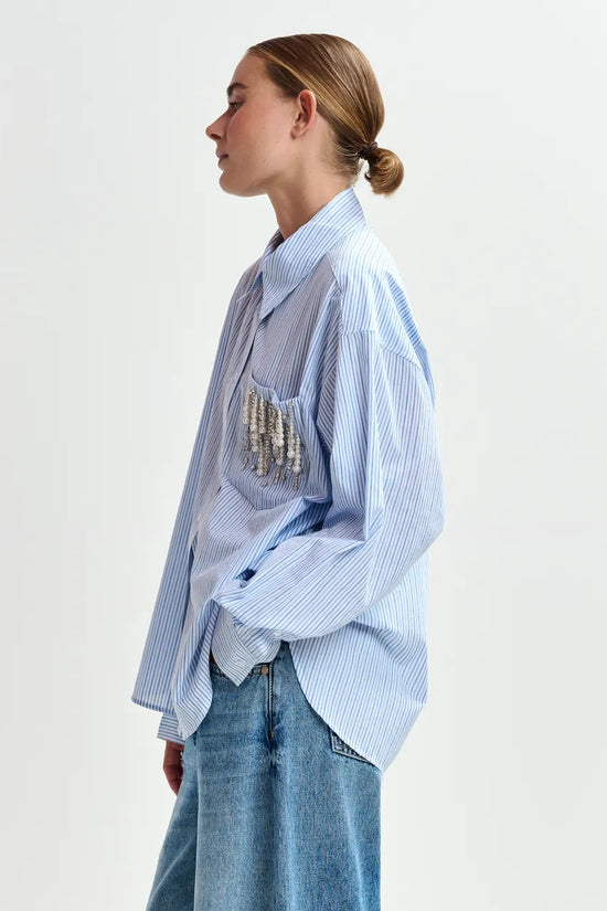 Essentiel Antwerp Blue Oversized Striped Embellished Cotton Shirt JOMMEKE