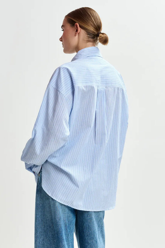 Essentiel Antwerp Blue Oversized Striped Embellished Cotton Shirt JOMMEKE