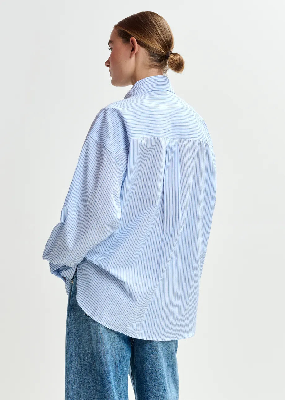 Essentiel Antwerp Blue Oversized Striped Embellished Cotton Shirt JOMMEKE