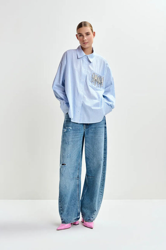 Essentiel Antwerp Blue Oversized Striped Embellished Cotton Shirt JOMMEKE