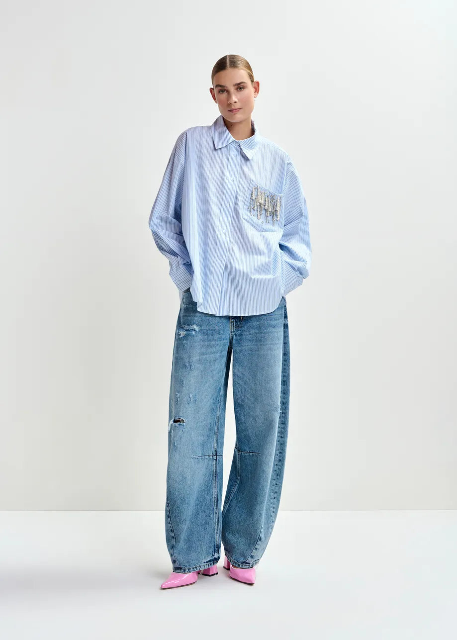 Essentiel Antwerp Blue Oversized Striped Embellished Cotton Shirt JOMMEKE