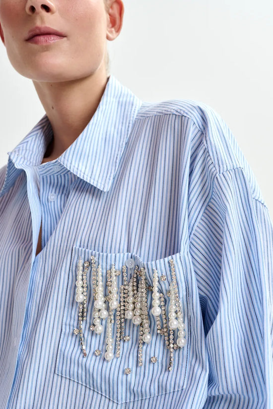 Essentiel Antwerp Blue Oversized Striped Embellished Cotton Shirt JOMMEKE