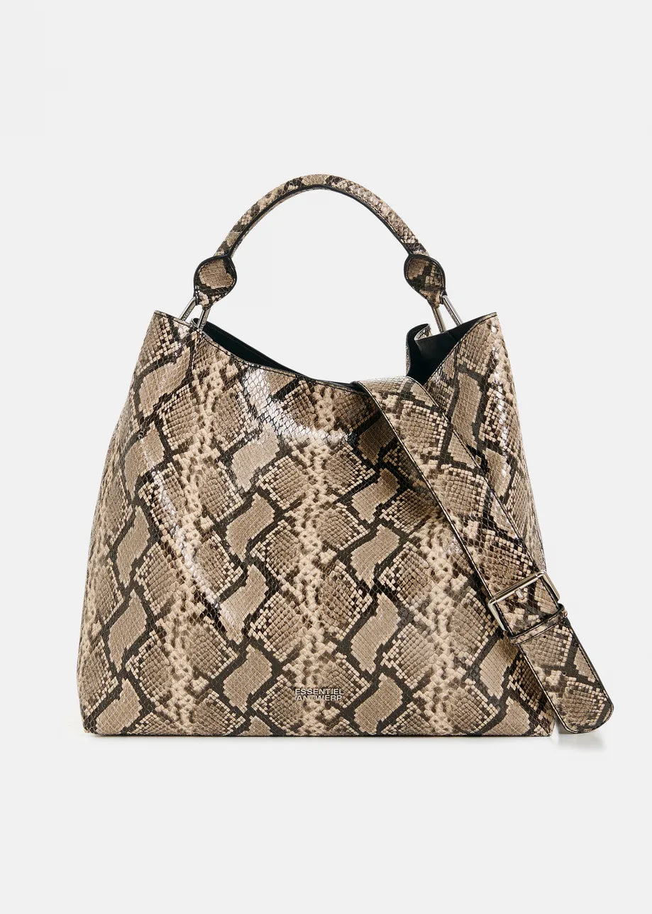 Essentiel Antwerp Brown and Black Snake Glossy Print Shopper Bag JORAN