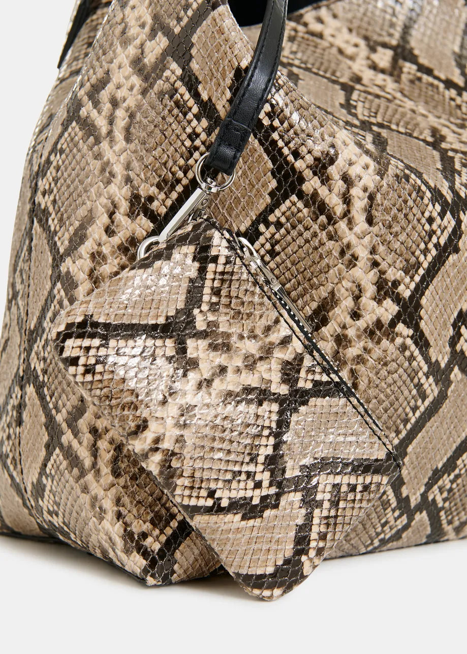 Essentiel Antwerp Brown and Black Snake Glossy Print Shopper Bag JORAN