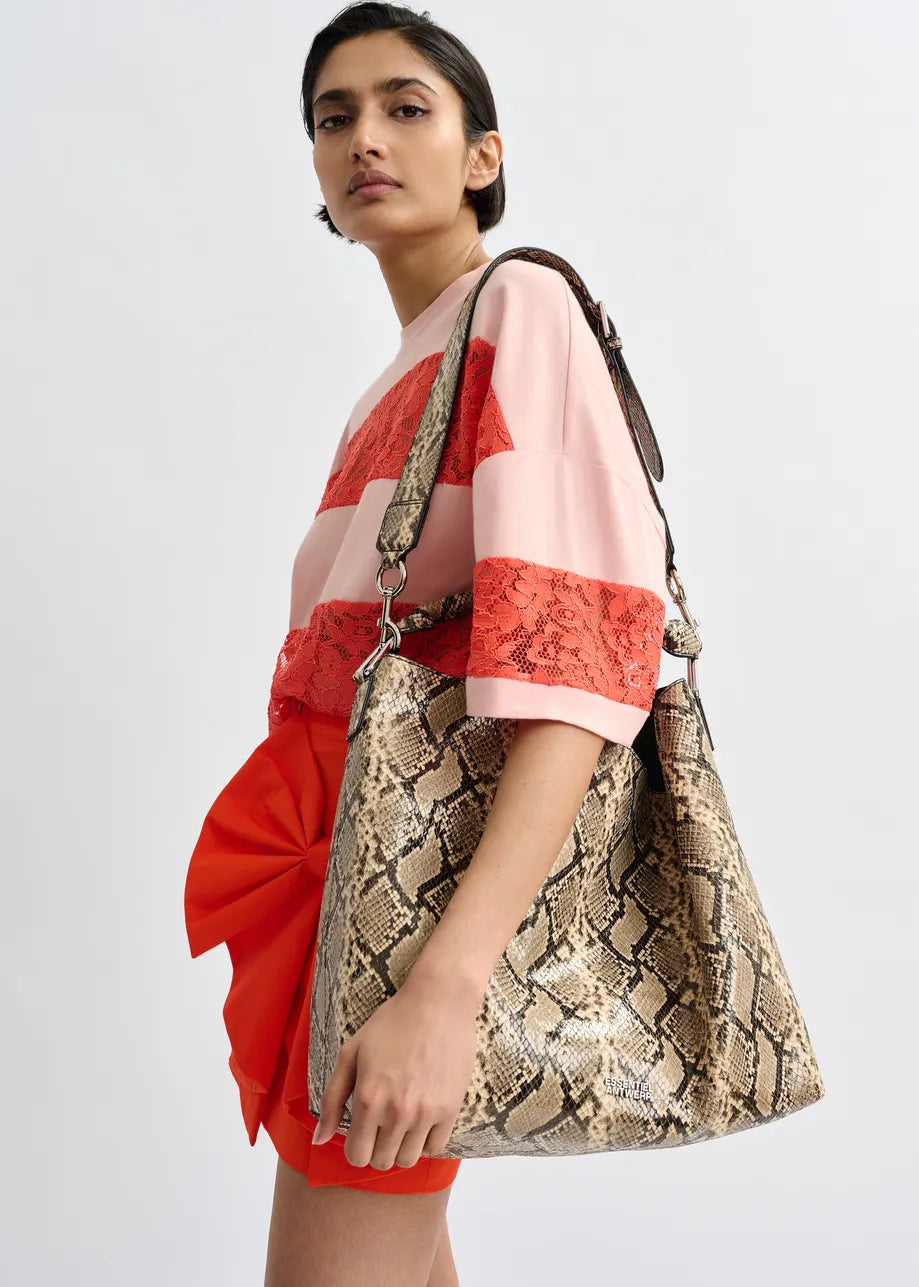 Essentiel Antwerp Brown and Black Snake Glossy Print Shopper Bag JORAN