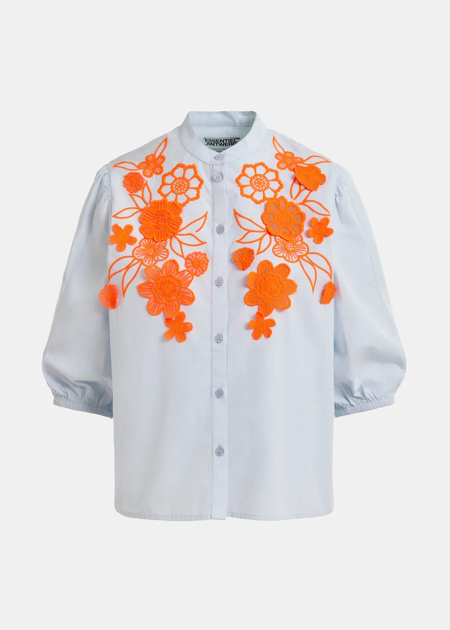 Essentiel Antwerp Light Blue and Orange Cotton Shirt with Appliqué Flowers with Mandarin Collar JORJA