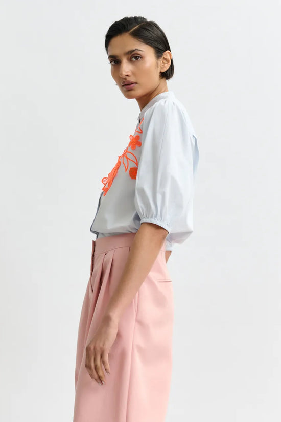 Essentiel Antwerp Light Blue and Orange Cotton Shirt with Appliqué Flowers with Mandarin Collar JORJA