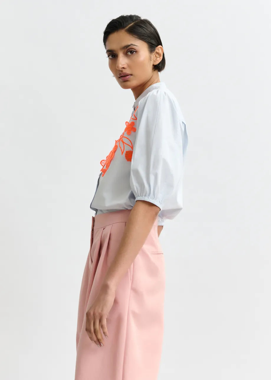 Essentiel Antwerp Light Blue and Orange Cotton Shirt with Appliqué Flowers with Mandarin Collar JORJA