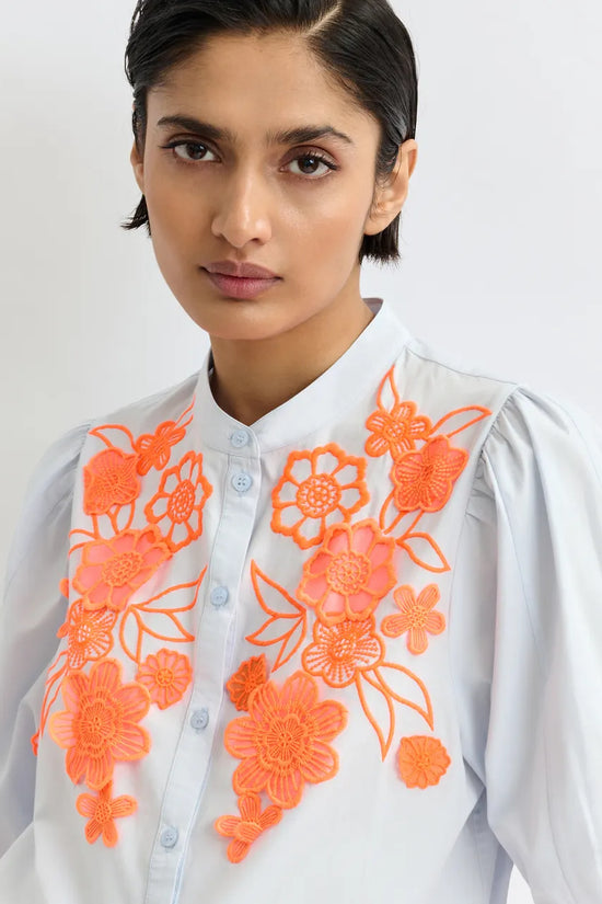 Essentiel Antwerp Light Blue and Orange Cotton Shirt with Appliqué Flowers with Mandarin Collar JORJA