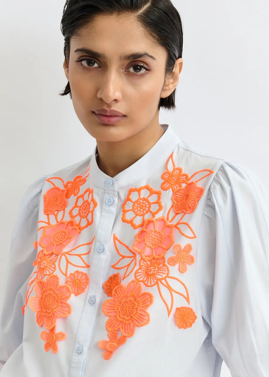 Essentiel Antwerp Light Blue and Orange Cotton Shirt with Appliqué Flowers with Mandarin Collar JORJA