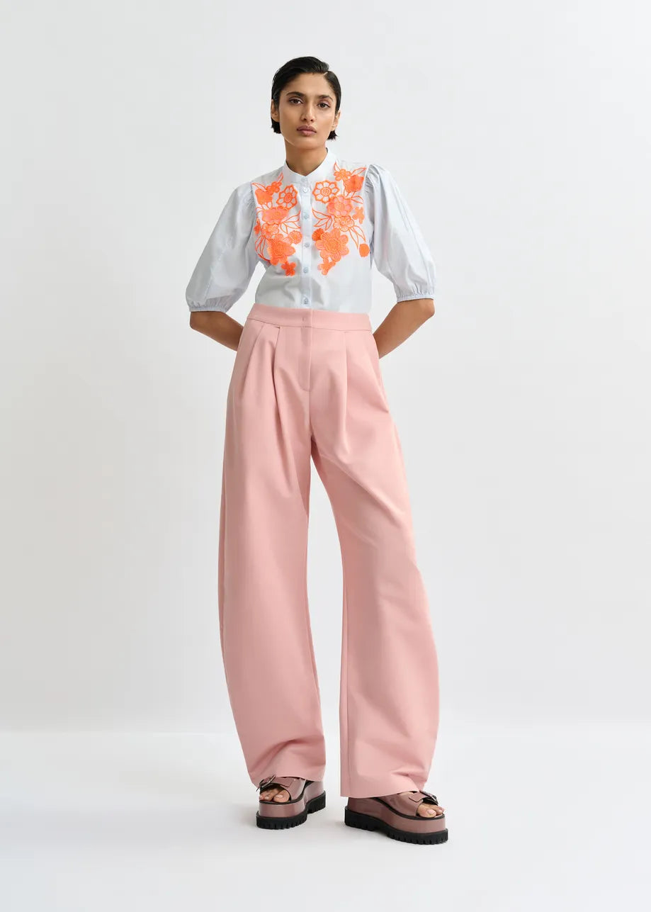Essentiel Antwerp Light Blue and Orange Cotton Shirt with Appliqué Flowers with Mandarin Collar JORJA
