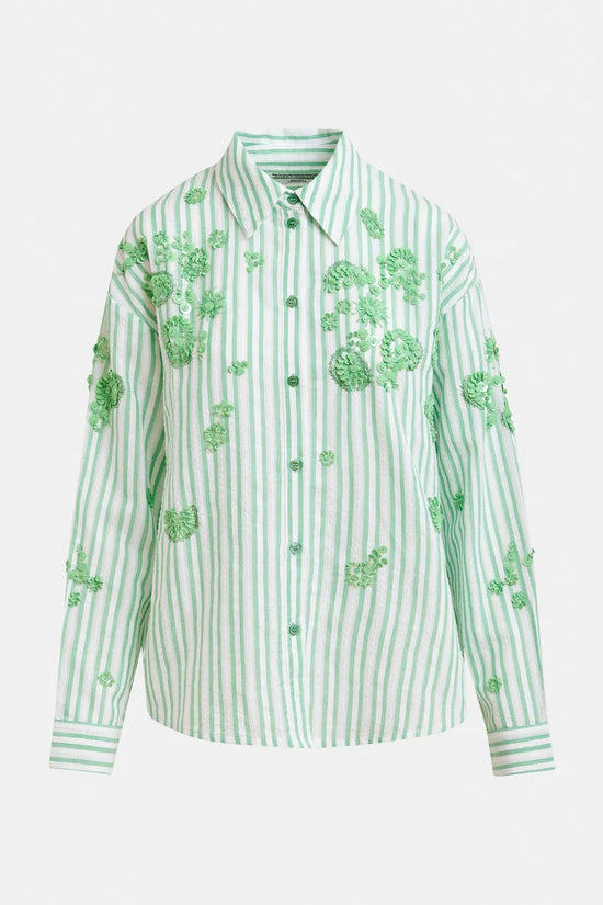 Essentiel Antwerp Green Striped Cotton Shirt with Floral Sequin and Bead Embellishments