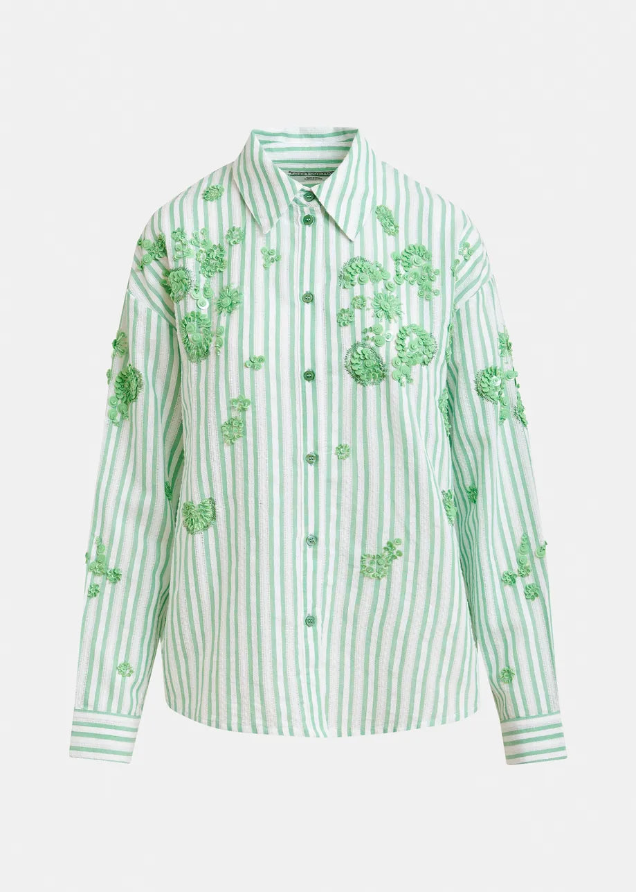 Essentiel Antwerp Green Striped Cotton Shirt with Floral Sequin and Bead Embellishments