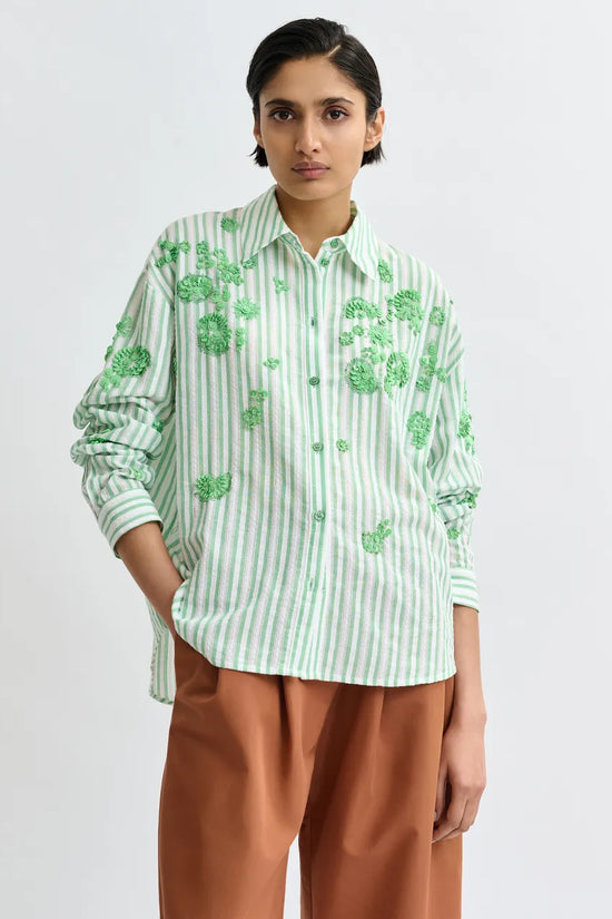 Essentiel Antwerp Green Striped Cotton Shirt with Floral Sequin and Bead Embellishments