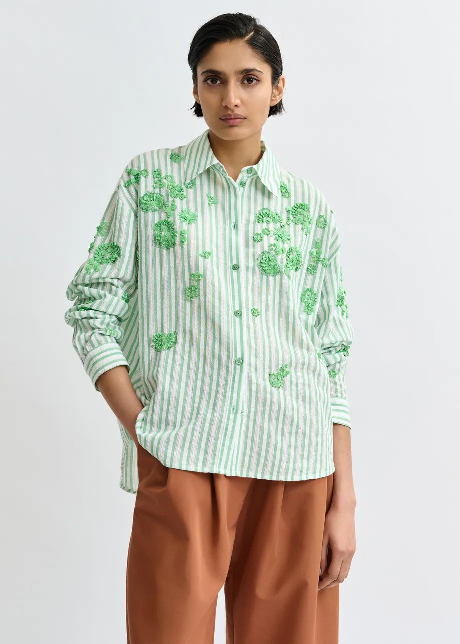 Essentiel Antwerp Green Striped Cotton Shirt with Floral Sequin and Bead Embellishments