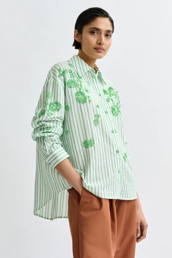 Essentiel Antwerp Green Striped Cotton Shirt with Floral Sequin and Bead Embellishments