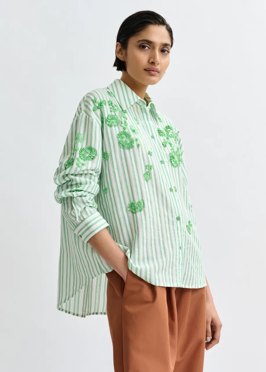 Essentiel Antwerp Green Striped Cotton Shirt with Floral Sequin and Bead Embellishments