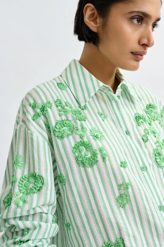 Essentiel Antwerp Green Striped Cotton Shirt with Floral Sequin and Bead Embellishments