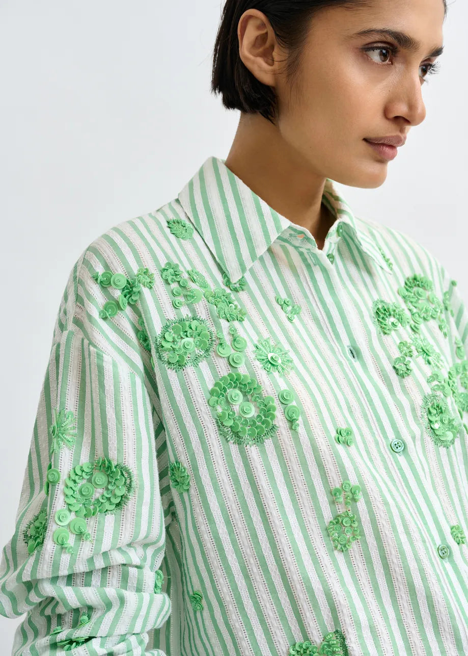Essentiel Antwerp Green Striped Cotton Shirt with Floral Sequin and Bead Embellishments
