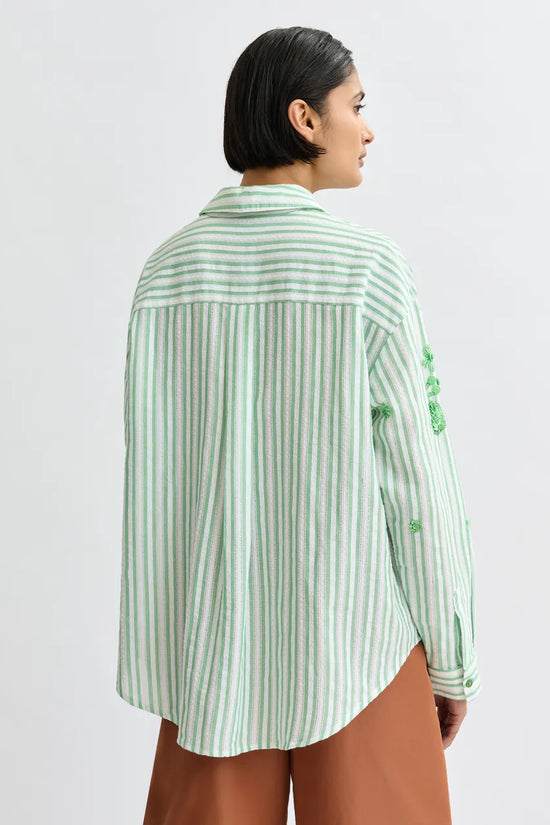 Essentiel Antwerp Green Striped Cotton Shirt with Floral Sequin and Bead Embellishments
