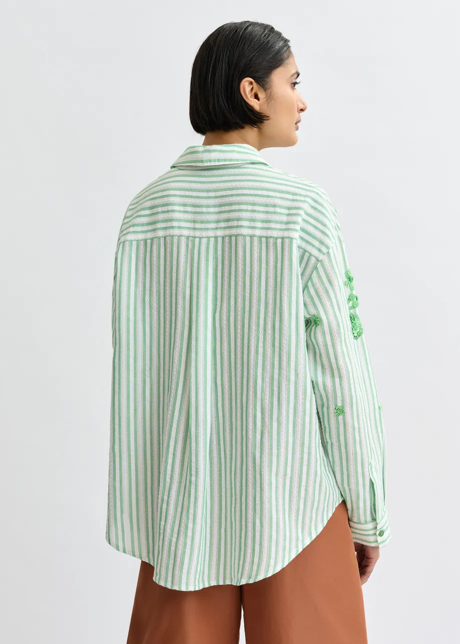 Essentiel Antwerp Green Striped Cotton Shirt with Floral Sequin and Bead Embellishments