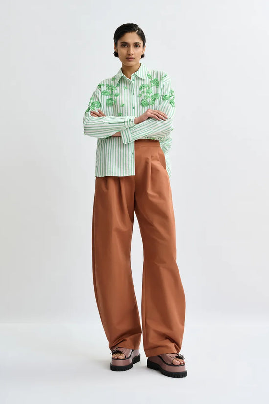 Essentiel Antwerp Green Striped Cotton Shirt with Floral Sequin and Bead Embellishments