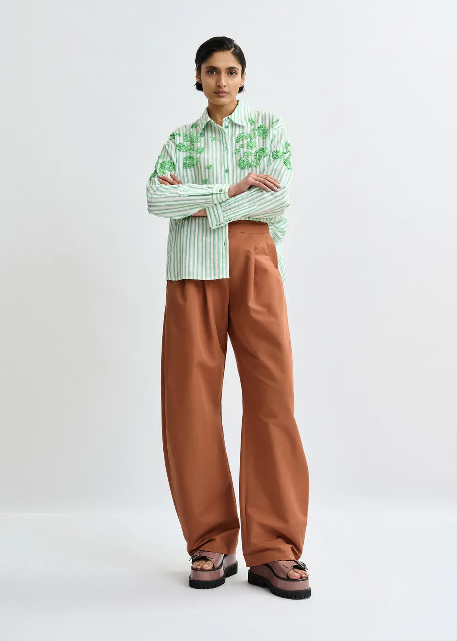 Essentiel Antwerp Green Striped Cotton Shirt with Floral Sequin and Bead Embellishments