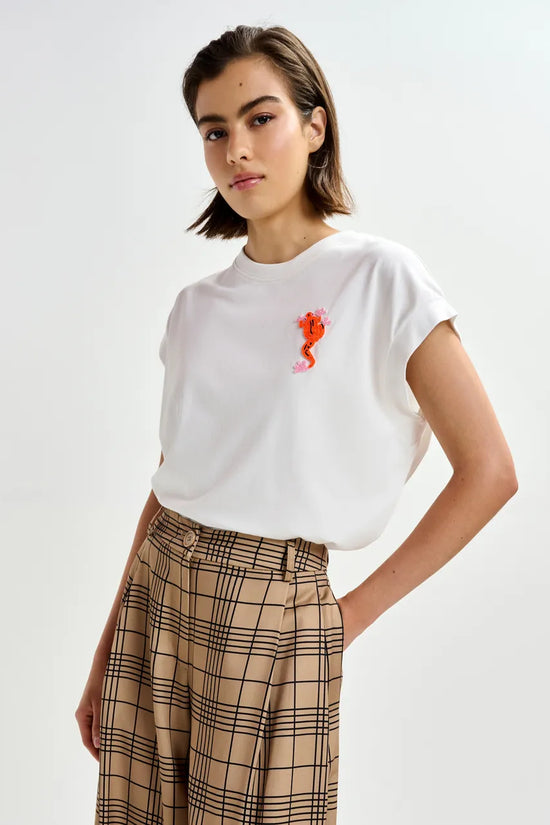 Essentiel Antwerp Off-White Cotton T-shirt with Bead Embroidery JUNGALA