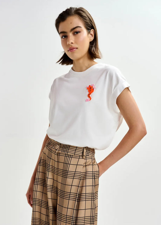 Essentiel Antwerp Off-White Cotton T-shirt with Bead Embroidery JUNGALA