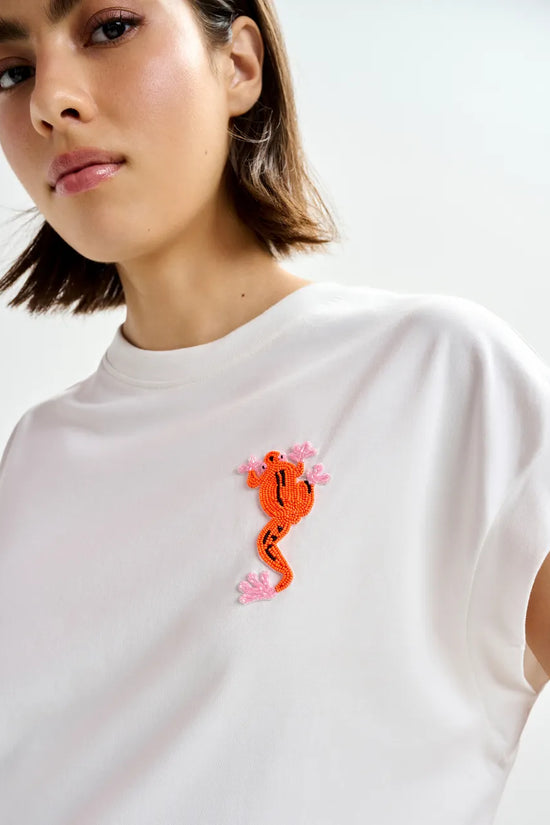 Essentiel Antwerp Off-White Cotton T-shirt with Bead Embroidery JUNGALA
