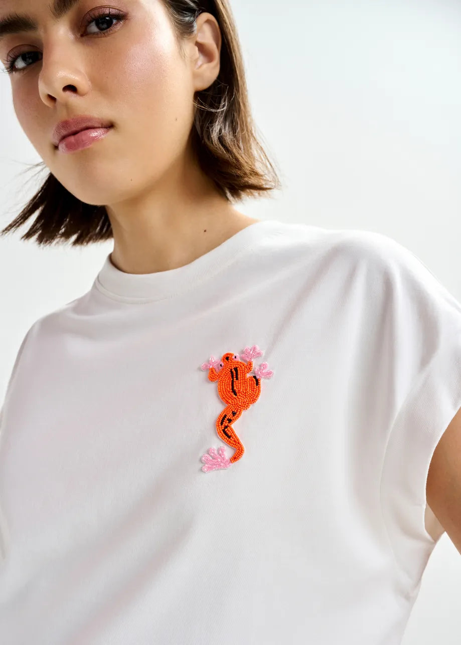 Essentiel Antwerp Off-White Cotton T-shirt with Bead Embroidery JUNGALA