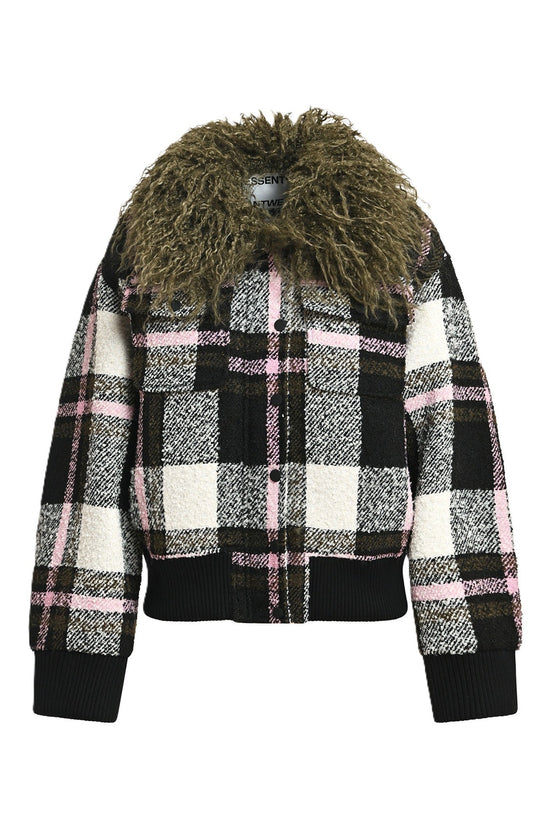 Essentiel Antwerp Black Off-White and Pink Checked Bomber Jacket with Detachable Faux Fur Collar