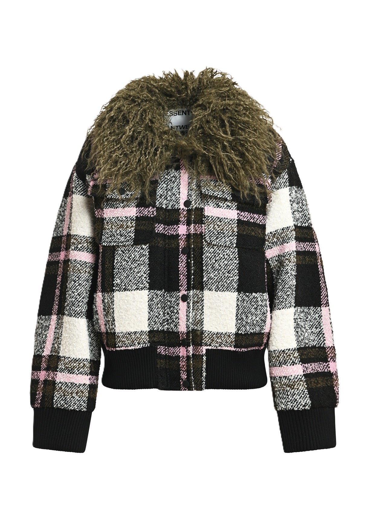 Essentiel Antwerp Black Off-White and Pink Checked Bomber Jacket with Detachable Faux Fur Collar