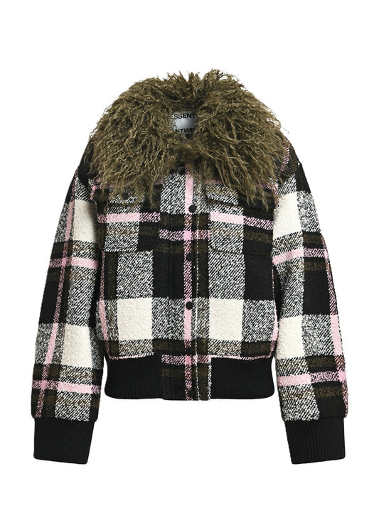 Essentiel Antwerp Black Off-White and Pink Checked Bomber Jacket with Detachable Faux Fur Collar