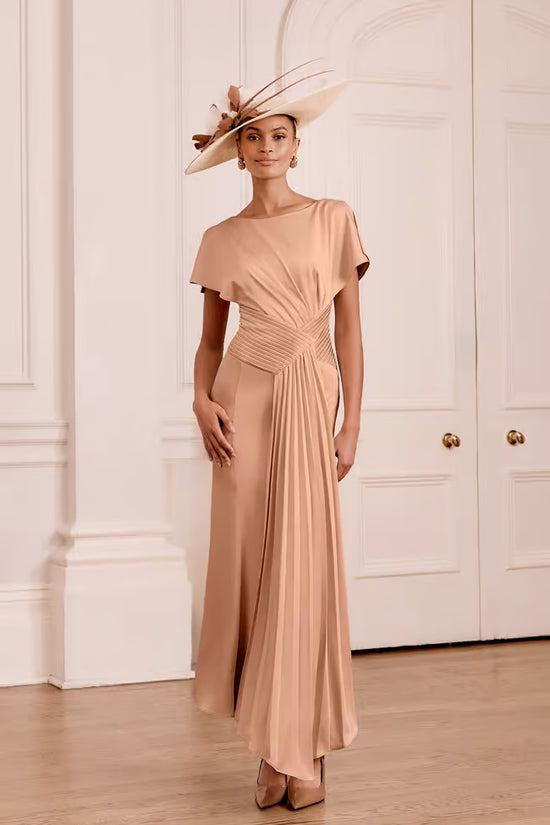 John Charles Mocha Draped Midi Dress with Asymmetric Hem