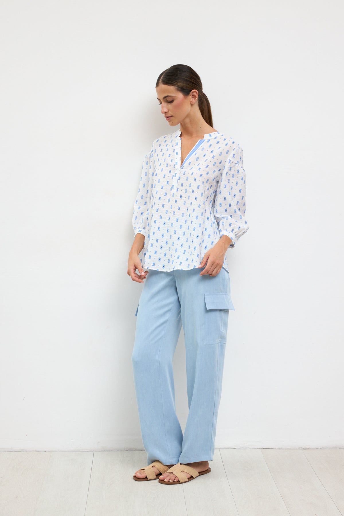 Tinta & Bariloche Light Blue Print Open V-Neck 3/4 Sleeve Top