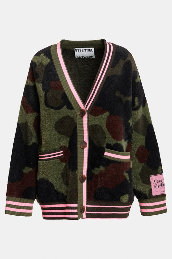 Essentiel Antwerp Khaki Camo Jacquard Cardigan with Pink Striped Trims