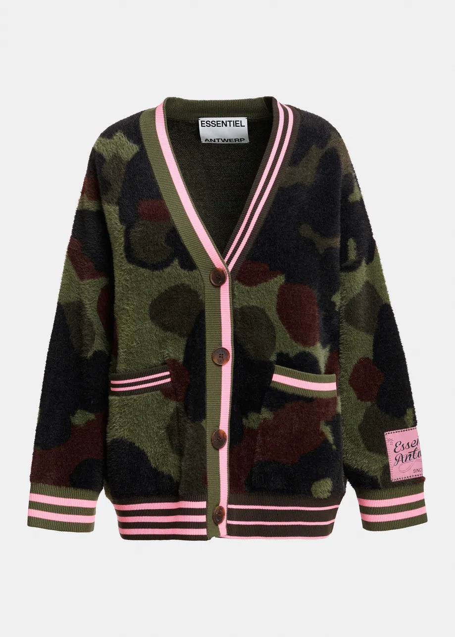 Essentiel Antwerp Khaki Camo Jacquard Cardigan with Pink Striped Trims