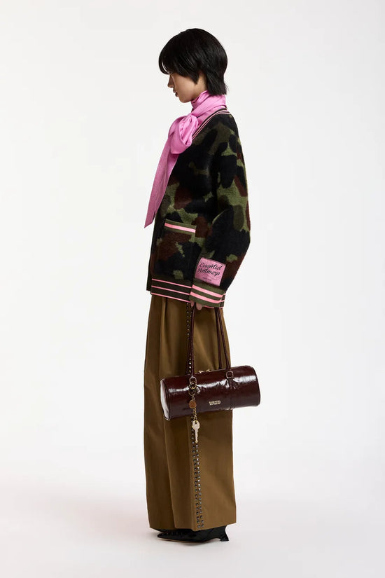 Essentiel Antwerp Khaki Camo Jacquard Cardigan with Pink Striped Trims
