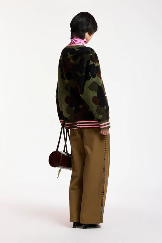 Essentiel Antwerp Khaki Camo Jacquard Cardigan with Pink Striped Trims