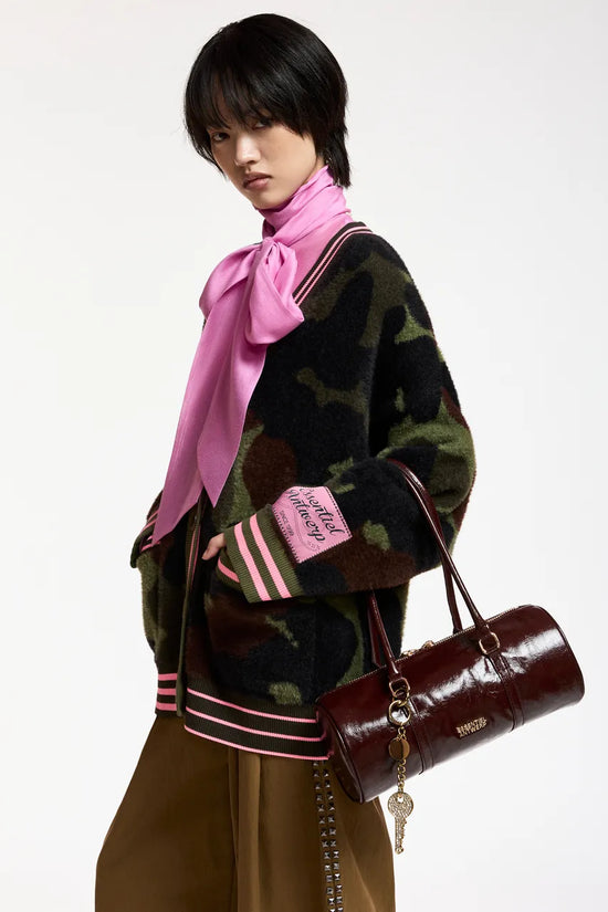 Essentiel Antwerp Khaki Camo Jacquard Cardigan with Pink Striped Trims