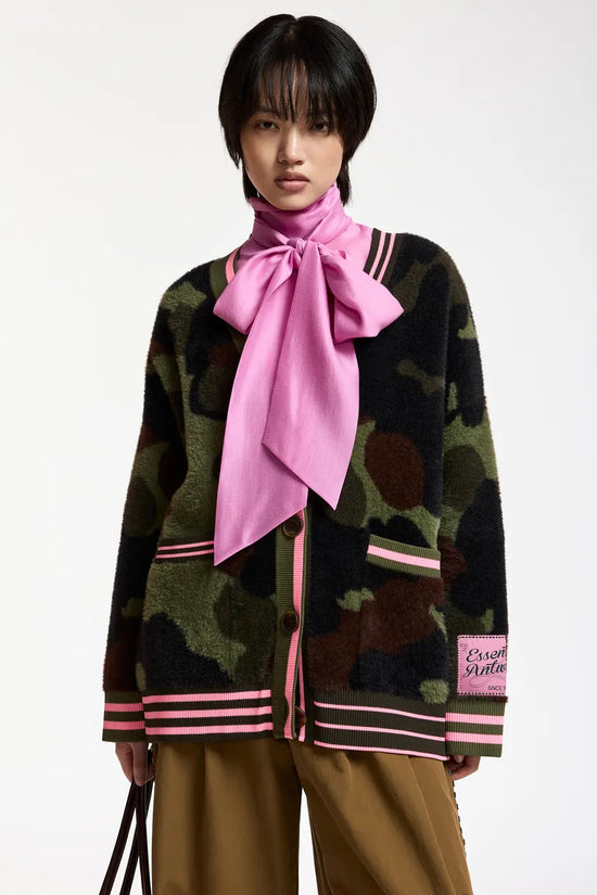 Essentiel Antwerp Khaki Camo Jacquard Cardigan with Pink Striped Trims