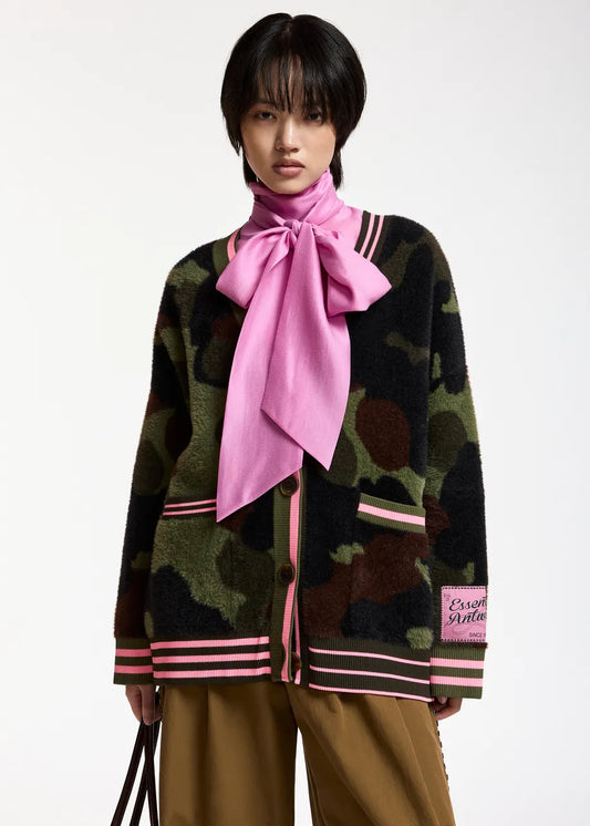 Essentiel Antwerp Khaki Camo Jacquard Cardigan with Pink Striped Trims