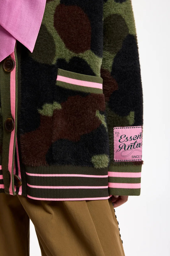 Essentiel Antwerp Khaki Camo Jacquard Cardigan with Pink Striped Trims